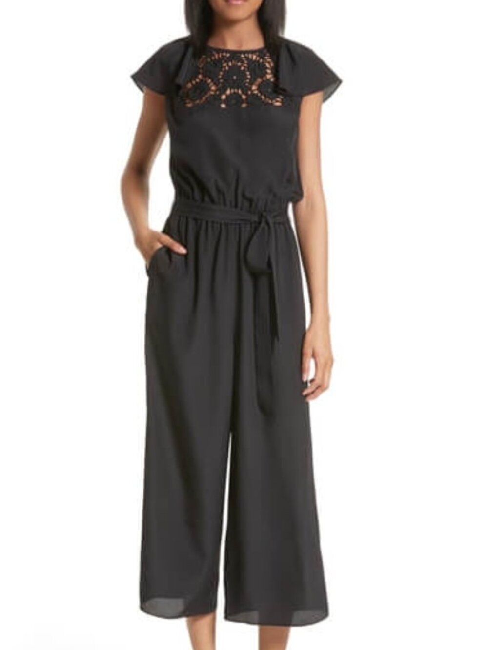 Kate Spade Lace Embroidered Yoke Romper Jumpsuit NJMU7671 Black Size L